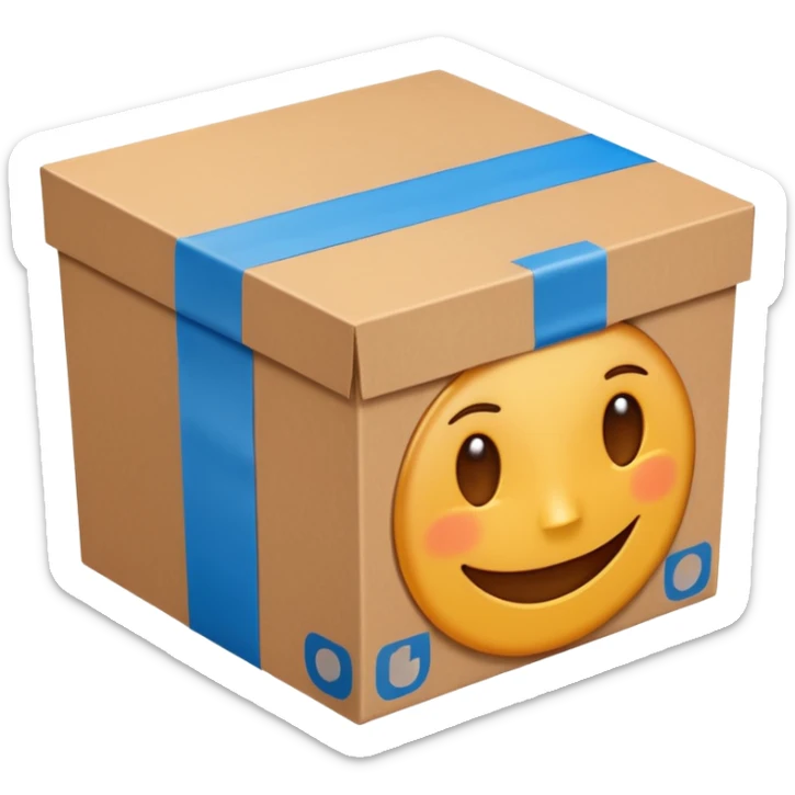 brown cardboard box with two wide blue tape strips in H shape on the lid, tape strips only on top and not over the sides, emoji style, slightly from above angle sticker