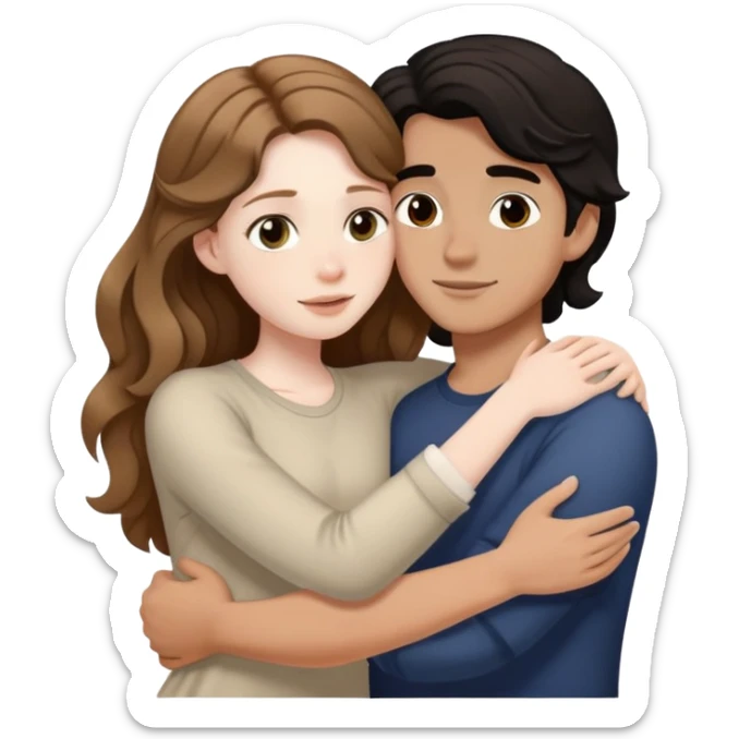 girl with long light brown hair and pale skin hugging a boy with short black wavy hair and tanned skin sticker