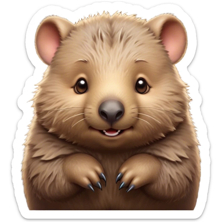 Cinematic Cute Wombat Portrait Emoji, Head tilted playfully and inquisitively, featuring a fluffy, shaggy brown fur with a round, endearing face and twinkling eyes full of gentle curiosity, Simplified yet irresistibly adorable features, highly detailed, glowing with a warm, friendly glow, high shine, affectionate and chubby, stylized with a touch of bushland whimsy, bright and endearing, soft glowing outline, capturing the essence of a mischievous yet loving wombat, so playful it feels like it could trundle out of the screen into your arms! sticker