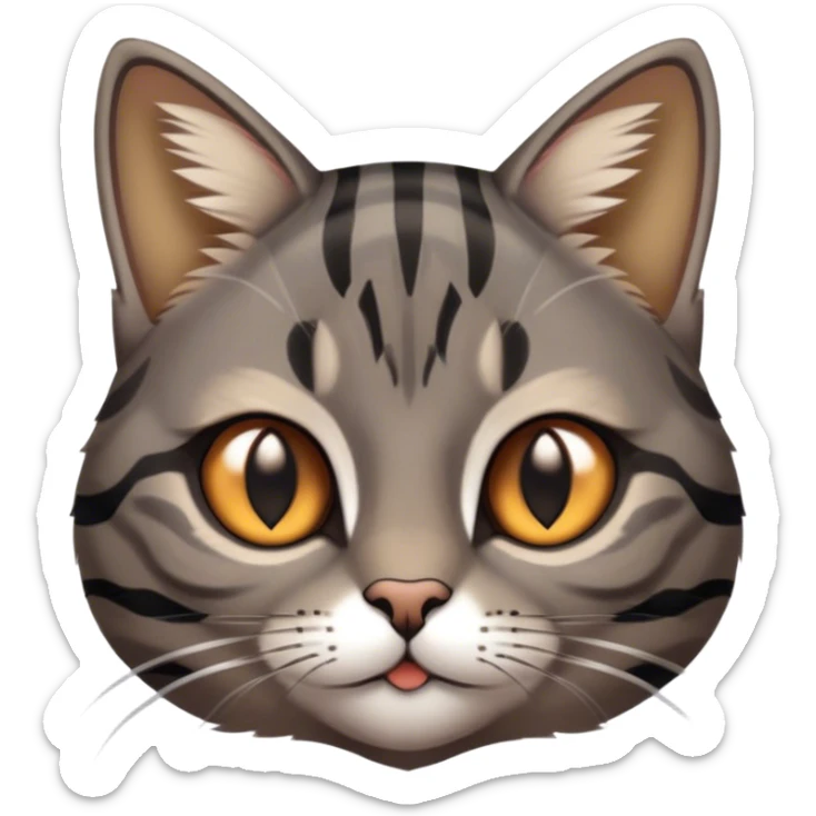 Cinematic Cute Grey and Black Brown Tabby Cat Portrait Emoji, Head tilted playfully and inquisitively, sleek grey-brown fur with bold black tabby stripes and a distinctive M-shaped marking on the forehead, sparkling amber eyes, Simplified yet irresistibly adorable features, highly detailed, glowing with a warm, friendly glow, high shine, affectionate and curious, stylized with a touch of whimsy, bright and endearing, soft glowing outline, capturing the essence of a mischievous yet loving kitten, so playful it feels like it could pounce out of the screen and into your arms! sticker