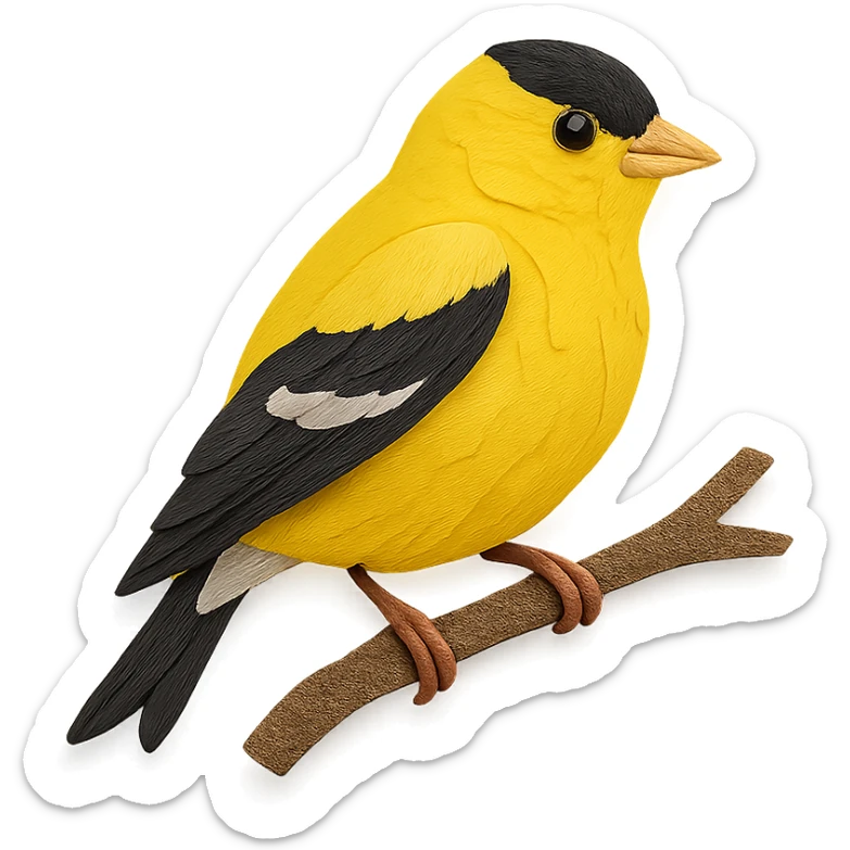 very detailed American Goldfinch perched on a tree branch, intricate cut paper textures, bright yellow feathers, black wings and cap sticker