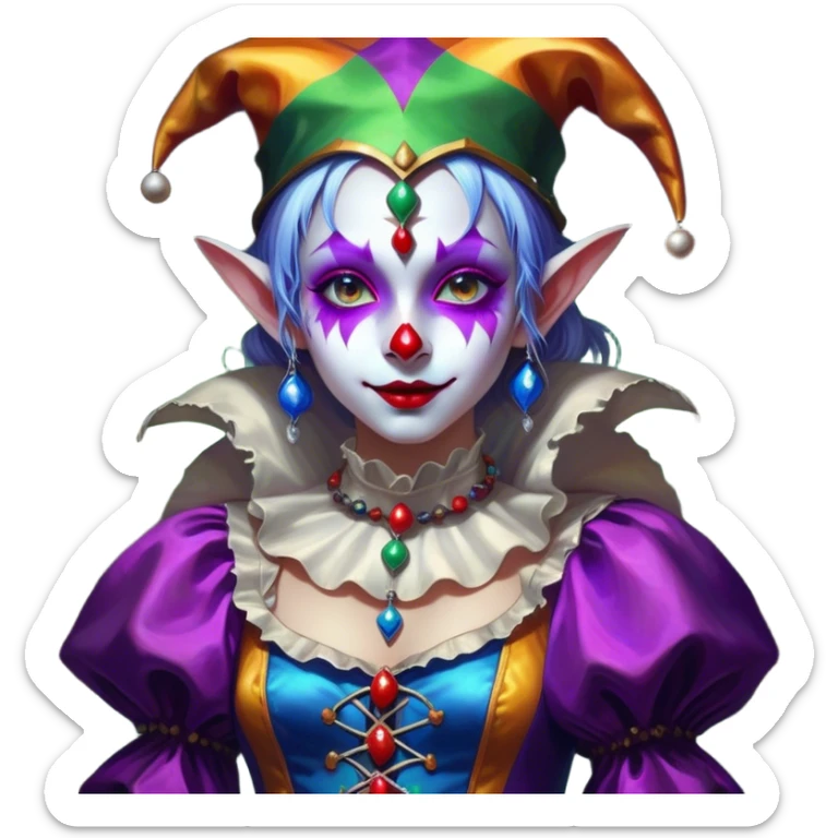 Cinematic girl in the style of a Jester, Ultra realistic 32k HD, Breathtaking piece of art, rim lighting, hauntingly beautiful art, vibrant colors, Balanced features, highly detailed digital artwork, glowing with silver light, glowing, high shine, deviant adoptable, highly detailed clothing, remembrance, a painting of white silver, fanciful, enchanting, ghostly, embodying the essence of both reality and fantasy, dreamy, dreamy glow, optical illusion, immaculate composition, complex pose, air composition. The image is so lifelike that it feels as though it could leap off the canvas at any moment sticker