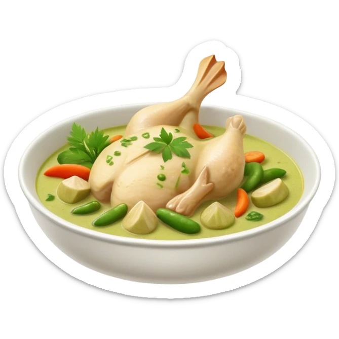 Cinematic Realistic Green Chicken Curry Dish Emoji, depicted with tender chicken simmered in a fragrant green curry sauce with vegetables rendered with rich textures and dynamic, vibrant lighting. sticker