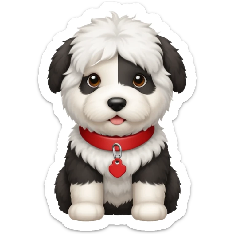 Crea un emoji de un perrito bebé  sheppdog english old con un collar rojo y que la placa diga Rocky sticker