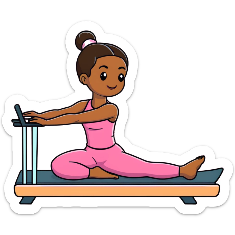 Brown girl in pink outfit on pink reformer pilates sticker