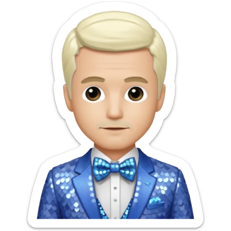 Freddie Prinze Jr with platinum blonde hair, periwinkle sequin suit with bow tie sticker