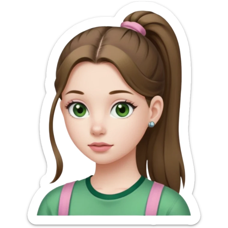 create an emoji of a young woman. She has a nice look, with long brown hair in a single ponytail with a hair tie, dark green eyes, pale skin, natural soft pink lips. she wears a green y2k top sticker