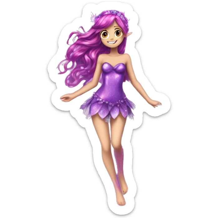 Tecna adult fairy of technology her enchantix fairy purple sparkling two-piece clothing and fairy enchantix wings and long dark pink hair in from winx club. Lots of sparkles and fairydust. Full body pic and full fairy bliss sticker