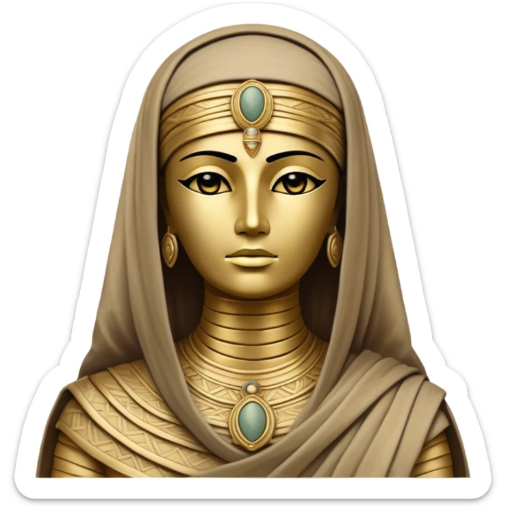 Cinematic Noble Mummy Portrait Emoji, Regal and timeless, with a meticulously wrapped, ancient form in muted earth tones accented by faded gold, exuding an air of forgotten majesty and solemn duty, simplified yet elegant with intricate bandage details, highly detailed and softly glowing, evoking the dignified mystery of an eternal sentinel guarding long-lost secrets! sticker
