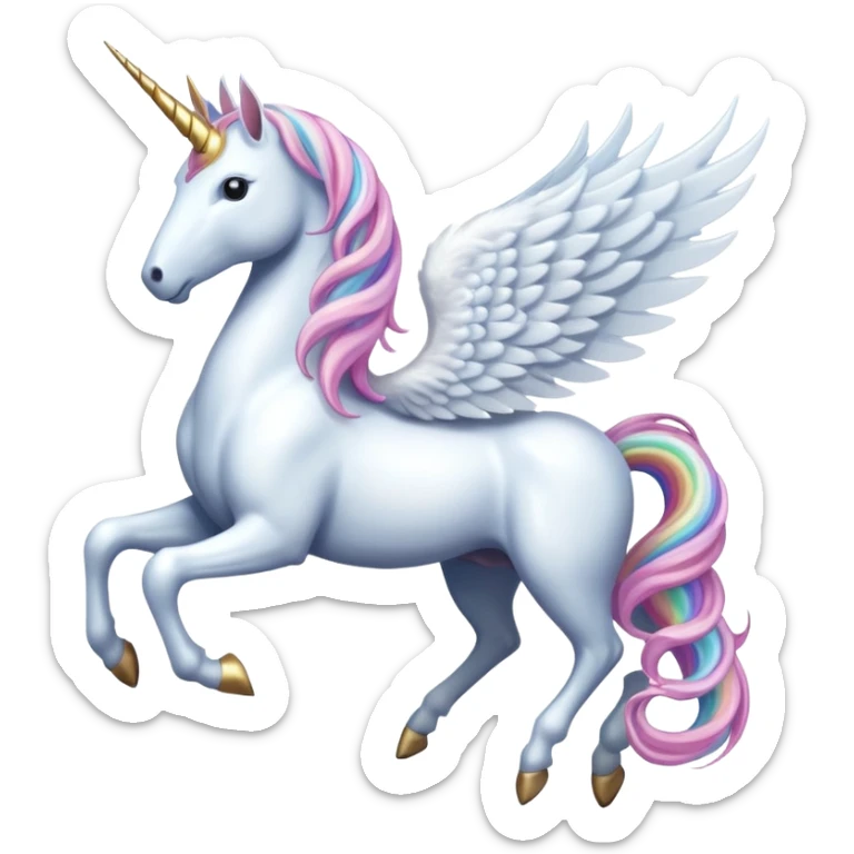 Cinematic Noble Unicorn with wings, slender with a flowing mane and tail and spiraled horn sticker