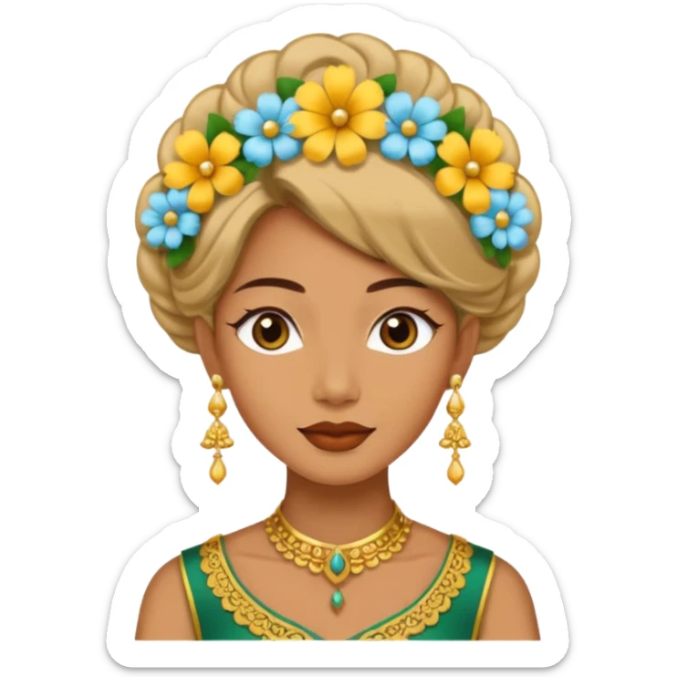 women with tan skin, wearing traditional Javanese hair with bouncy flowers, and wearing paes sticker
