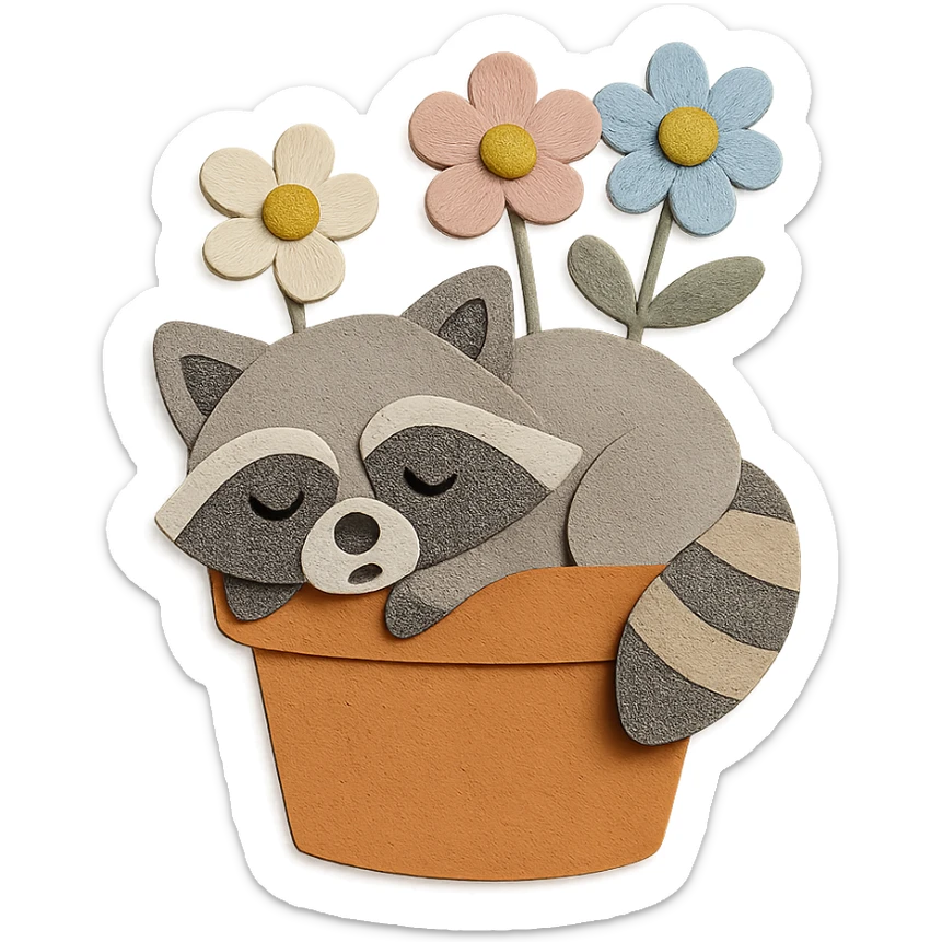 a sleepy raccoon inside a flower pot with a few flowers inside the pot, pastel earthy colors, paper craft style sticker