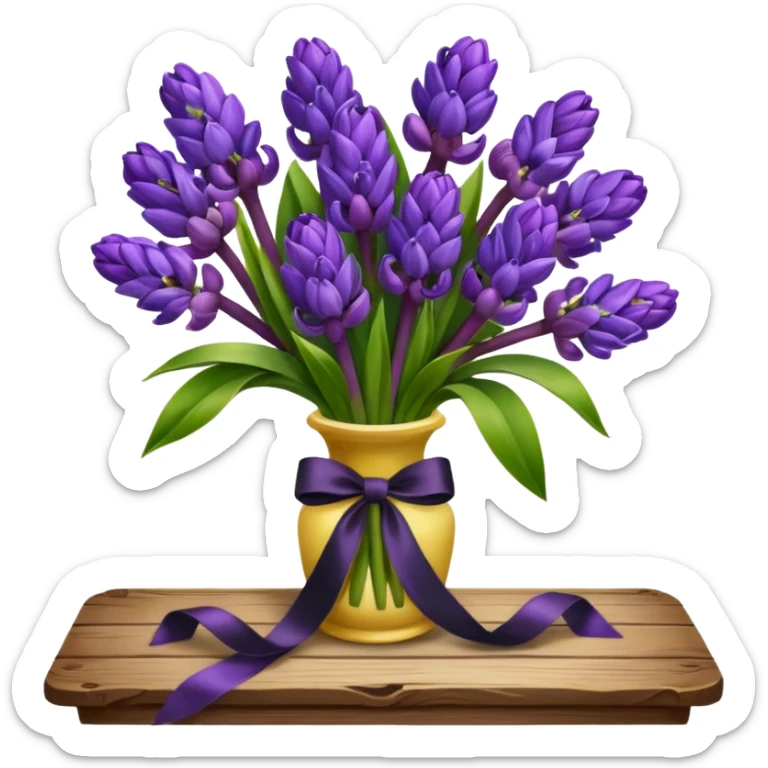 A lush bouquet of bright prple color Hyacinths black satin ribbon, resting on an antique wooden table, with a pale yellow and pink plaid pattern table cloth sticker