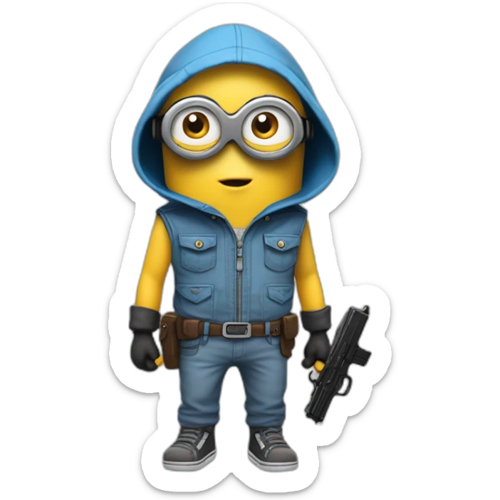 baby minion  in gray pants in a blue sleeveless shirt in a hood and with a collar with two pistols in both hands holds them on both sides raised sticker