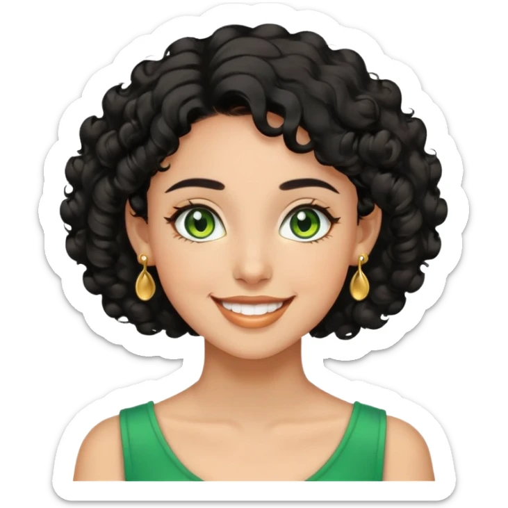 girl showing happiness, medium skin tone, short curly black hair, gold earrings, green eyes Minimal emoji showing happiness, medium skin tone, short curly black hair, gold earrings, green eyes sticker