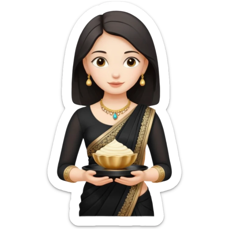 Russian girl in Indian black saree with full image from head to leg and holding one small cream colour plastic tray in her both hands sticker