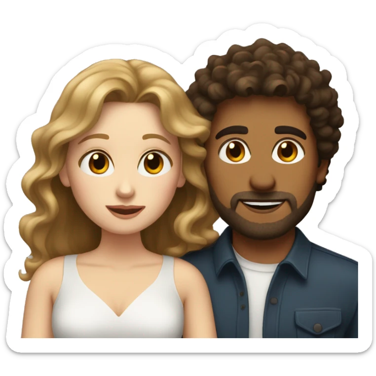 White woman with long dark brown curly hair kissing white man with light brown hair and stubble sticker