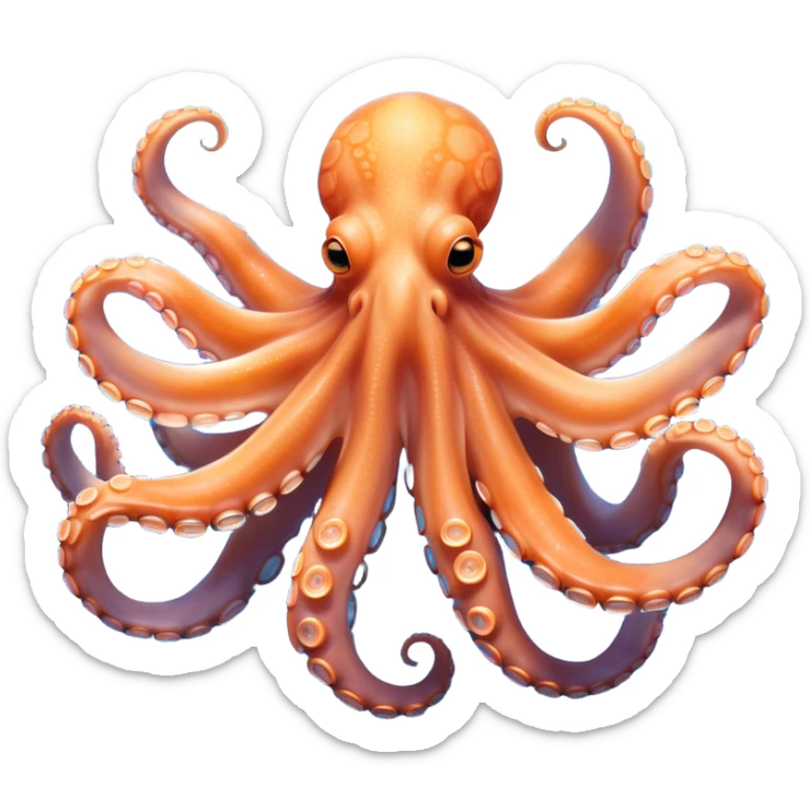 Beautiful and Majestic smiling Octopus Portrait Emoji, Head and body resting in serene repose with a gentle, content smile, showcasing a soft, light orange form adorned with elegant blue rings and delicately arranged arms, Simplified yet exquisitely endearing features, highly detailed, glowing with a soft, drowsy underwater light, high shine, relaxed and utterly enchanting, stylized with an air of majestic aquatic beauty, soft glowing outline, capturing the essence of a beautiful and majestic octopus that embodies the enchanting spirit of the deep! sticker