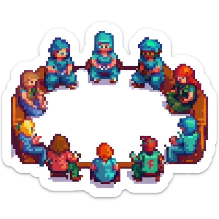 a group of friends sitting in a circle, pixel art style, retro video game look, pixelated characters sticker