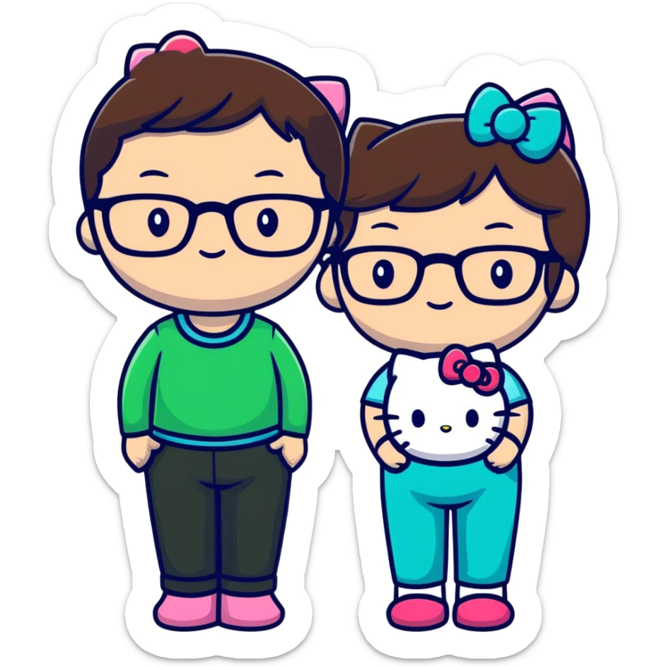my (brunette, with glasses and makeup, with brown-green eyes ) and my boyfriend (brunette, with glasses, with blue-green eyes) in hello kitty pants sticker