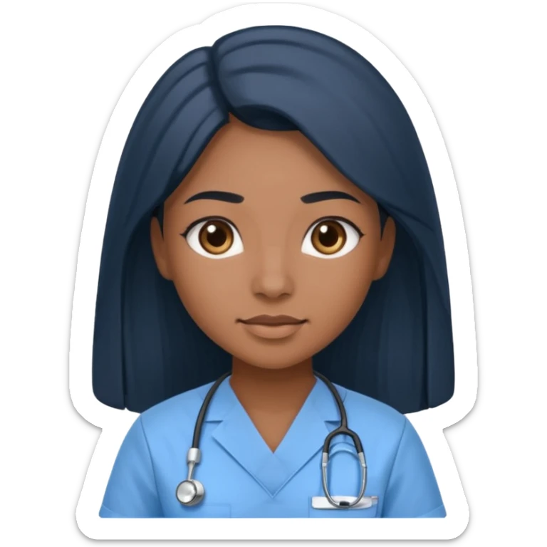 pretty brown skin nurse with long black hair and slanted brown eyes in light blue scrubs sticker