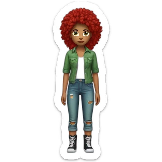 Chica pelo rojo lago rizado ojos verdes cuerpo completo con pantalones vaqueros  rotos y camiseta negra con una cadavera sticker