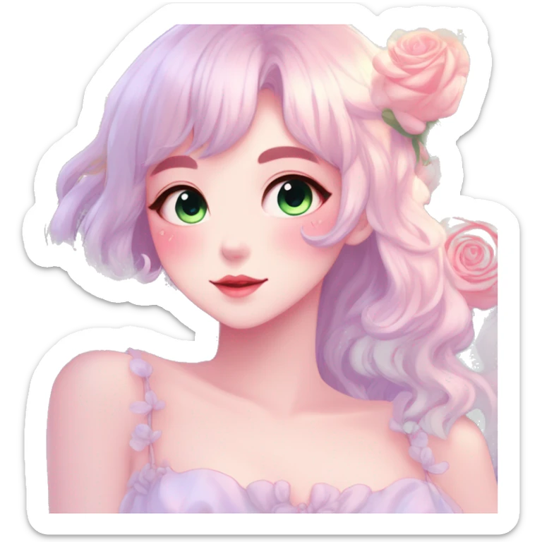 Gorgeous pastel anime style lady with blushing face and roses cottagecore fairycore pastelcore shiny colorful pearly petite simplistic aesthetic trending style sticker
