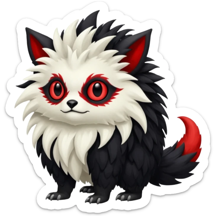a white exotic edgy vernid-fionbr-Fakémon-creature, with black belly and red eyes, full body sticker