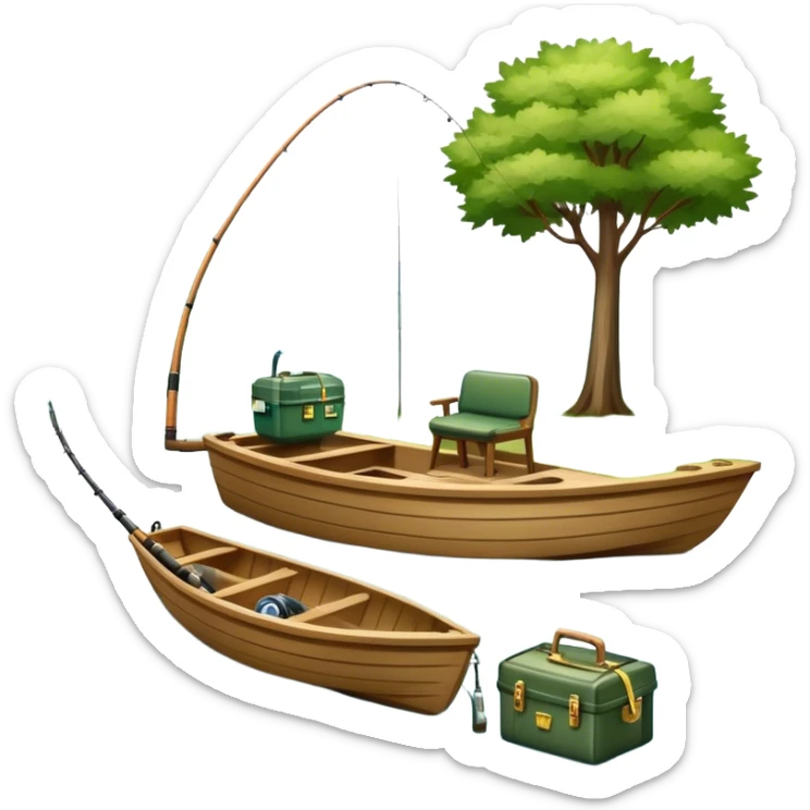 Icon for Fishing: a boat on the shore of a serene lake, including trees and water, with a scenic natural background, a fishing rod and tackle box. The icon should represent the peacefulness of fishing. Transparent background, no border. sticker