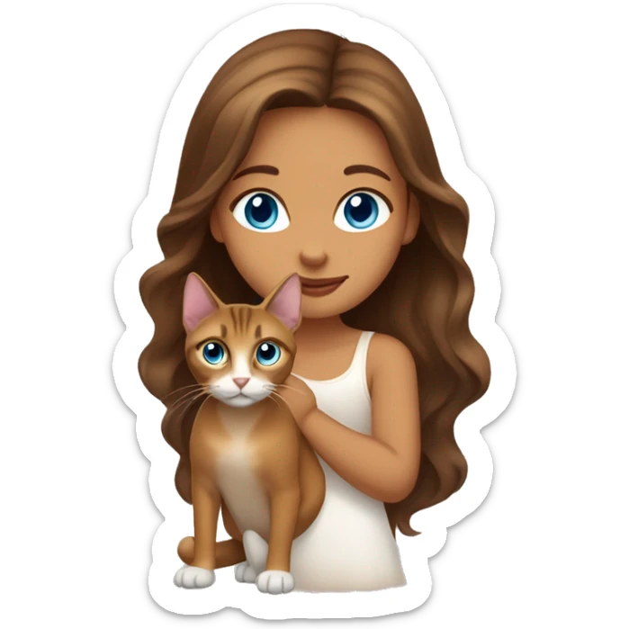 girl with long wavy brown hair, big blue eyes and Abyssinian cat next to her sticker