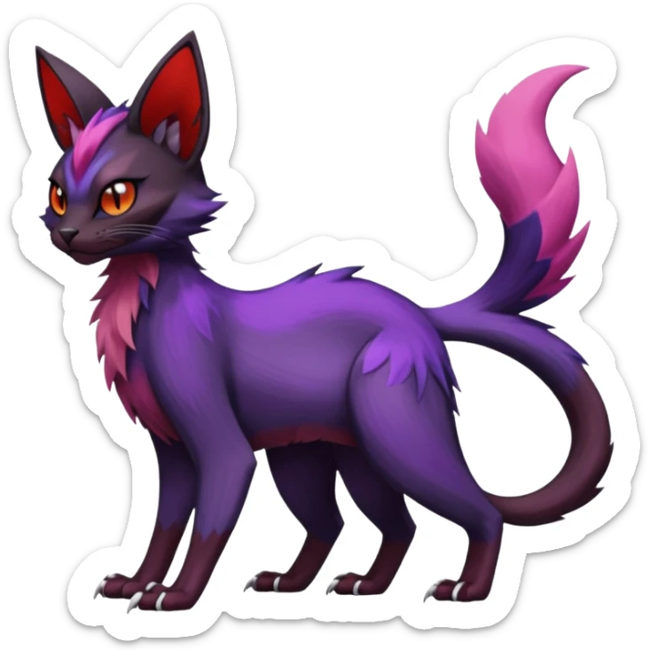 Black edgy Noivern-Noibat-Purloin-Torracat-Lykoi-Caracal-cat-Fakemon-fusion-hybrid-creature with violet and red scale markings sticker