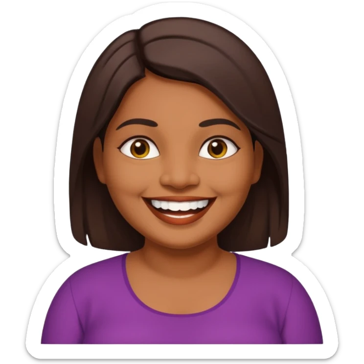 40 yr old chubby sri lankan woman, dark skin, straight brown hair, big smile, white teeth sticker