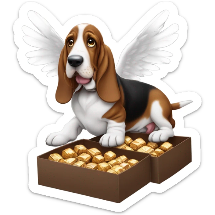 Basset hound with angel wings eating a box of chocolates transforming into a puppy basset hound sticker