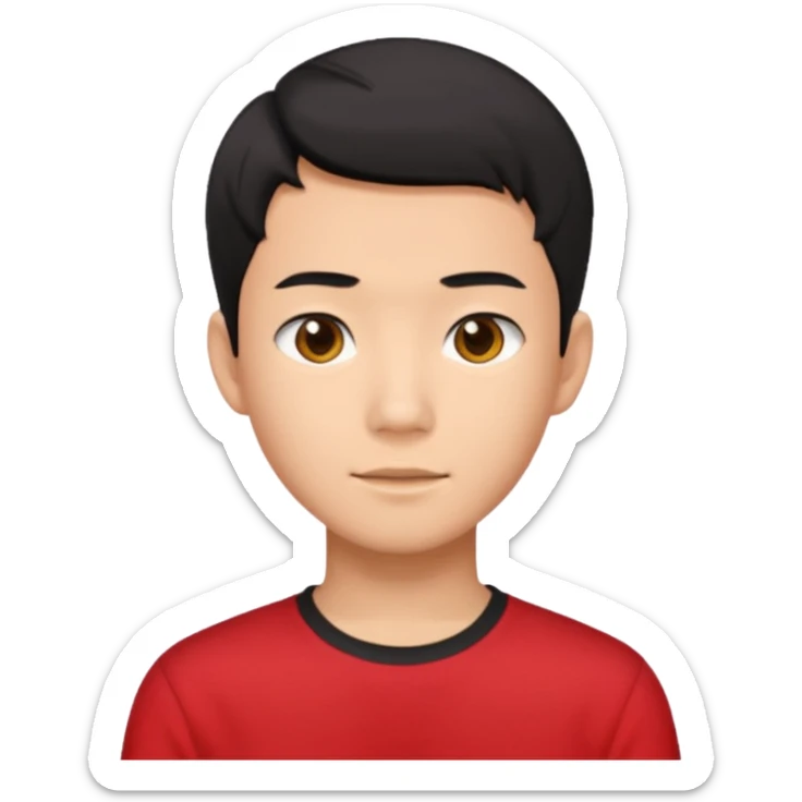 asian male teenager black short hair red shirt sticker