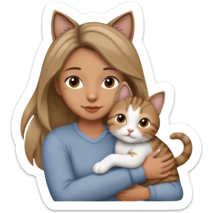 Une femme avec les cheveux dégradée, brun et blond, qui fait un câlin à son chat gris, tigré avec les extrémités que pattes pointe d’oreilles noires et le dessous du menton blanc sticker