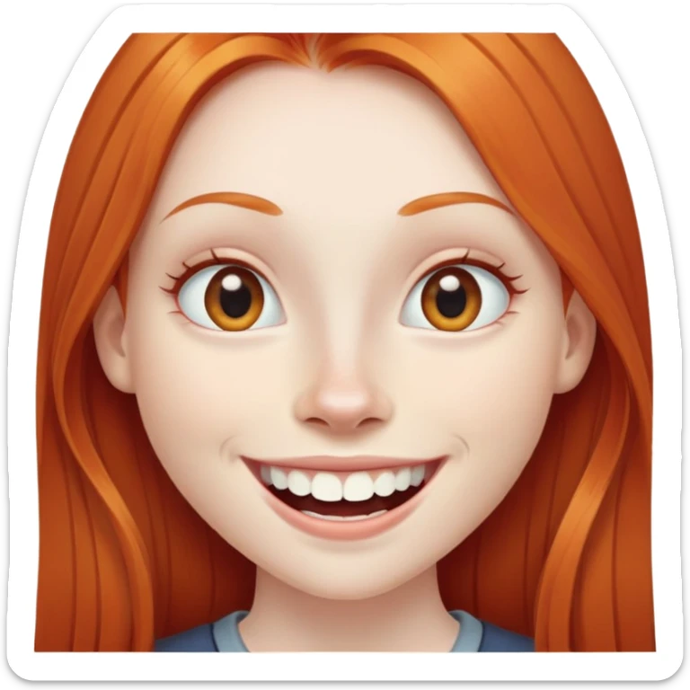 traditional emoji of young girl with very pale skin, long straight bright ginger red hair, regular human eyes (not cat-like), wide nose, big smile with extremely large prominent teeth showing, classic round face sticker