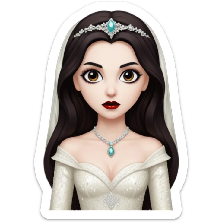 Bride of Dracula with long dark brown hair, ivory sequin outfit sticker