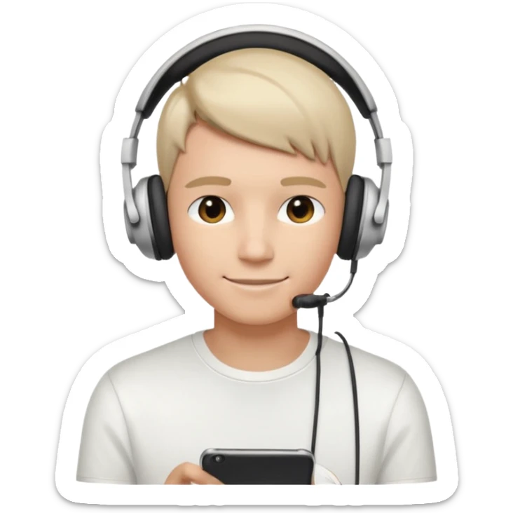 a person wearing headphone, having styleish haircut & wearing shirt of white colour sticker