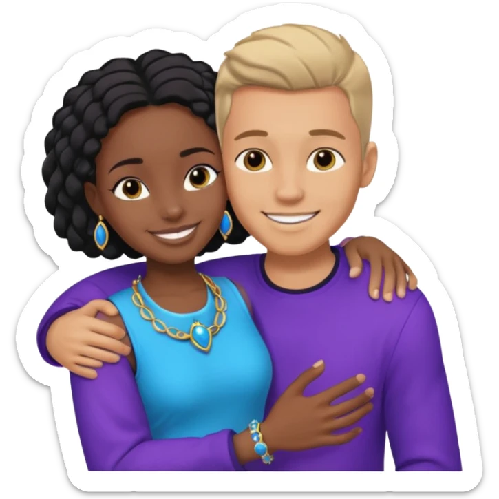 Tan European male wearing blue and smiling and hugging a jet black African girl in purple clothes with blue jewelry sticker