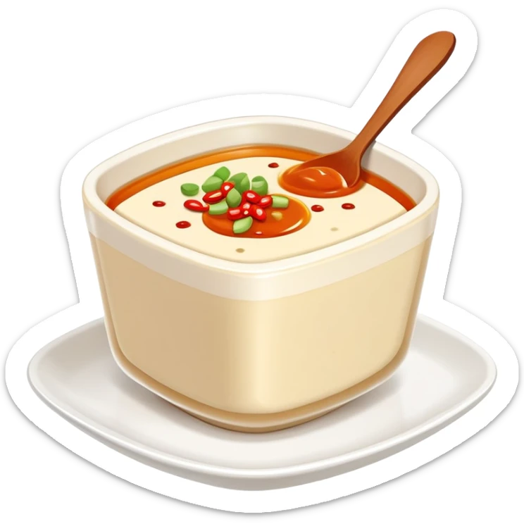 Sichuan Doufu Hua soft tofu pudding with spicy sauce, simplified emoji style with bold outlines and bright colors, cartoon style savory tofu dessert sticker