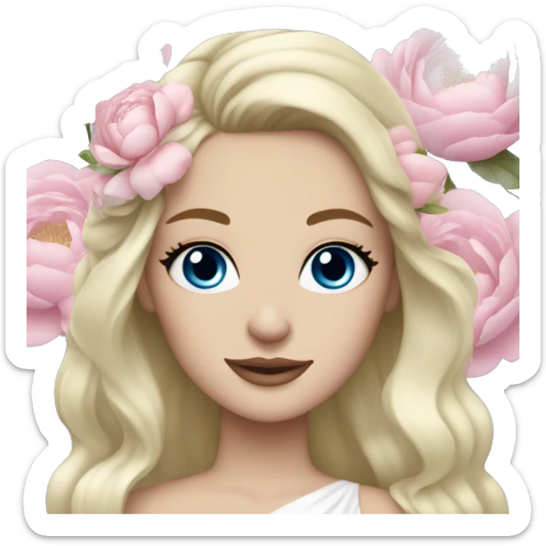 White bride with long light blonde hair and blue eyes with light pink peonies in hair white skin  sticker