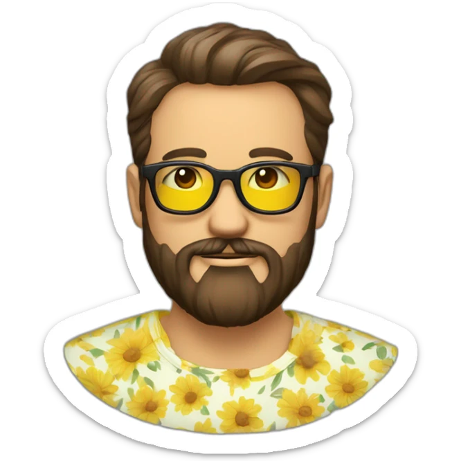 Homme brun lunettes et barbe avec une chemise jaune a fleurs sticker