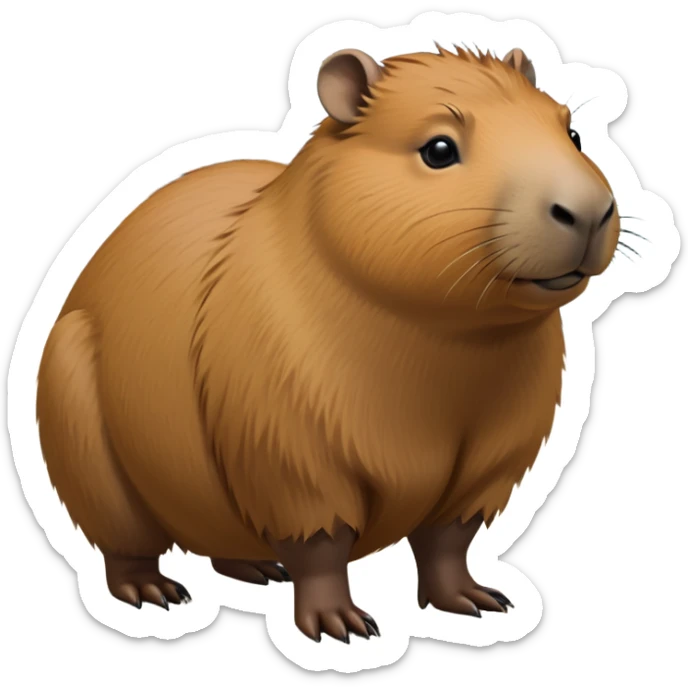 cinematic-capybara-realistic-full-body-on all fours-emoji,-plump-and-relaxed-body-soaking-in-the-warm-sun,-short-brown-fur-slightly-ruffled,-head-tilted-dramatically,-calm-expressive-eyes-exuding-serene-wisdom,-simplified-yet-realistic-focused-features,-highly-detailed,-glowing-with-an-almost-sarcastic-glow sticker