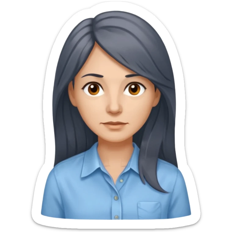 vit 50-årig kvinna med grå slingor i jättelångt mörkbrunt hår bruna ögon ljusblå skjorta med översta knappen uppknäppt sticker