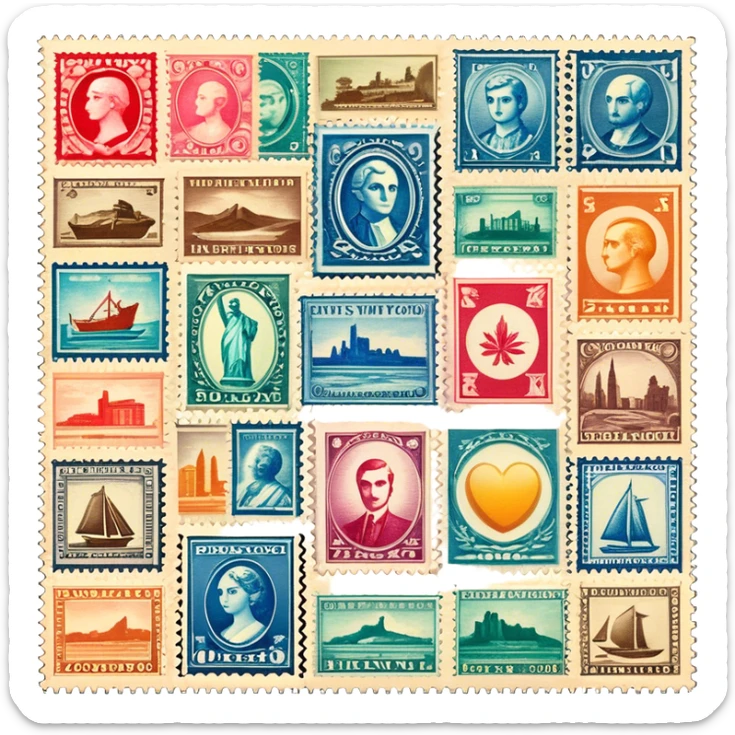 Icon for Stamp Collecting: a collection of vintage and colorful stamps arranged in an album or on a desk, with a large stamp block in the center showcasing different themes. The icon should reflect the charm and history of philately. Transparent background. sticker