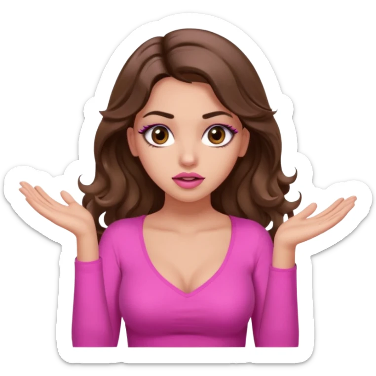 girl with long wavy brown hair, brown eyes, long lashes makeup, sexy pink lips, light to medium complexion, pink sexy top, shrugging with both hands, confused sticker