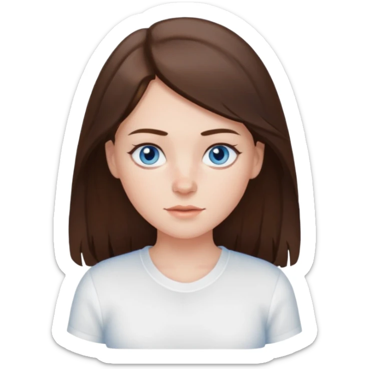 Create an emoji of a white Girl with brunette hair blue eyes faint freckles and hair to her chest wearing a white shirt sticker