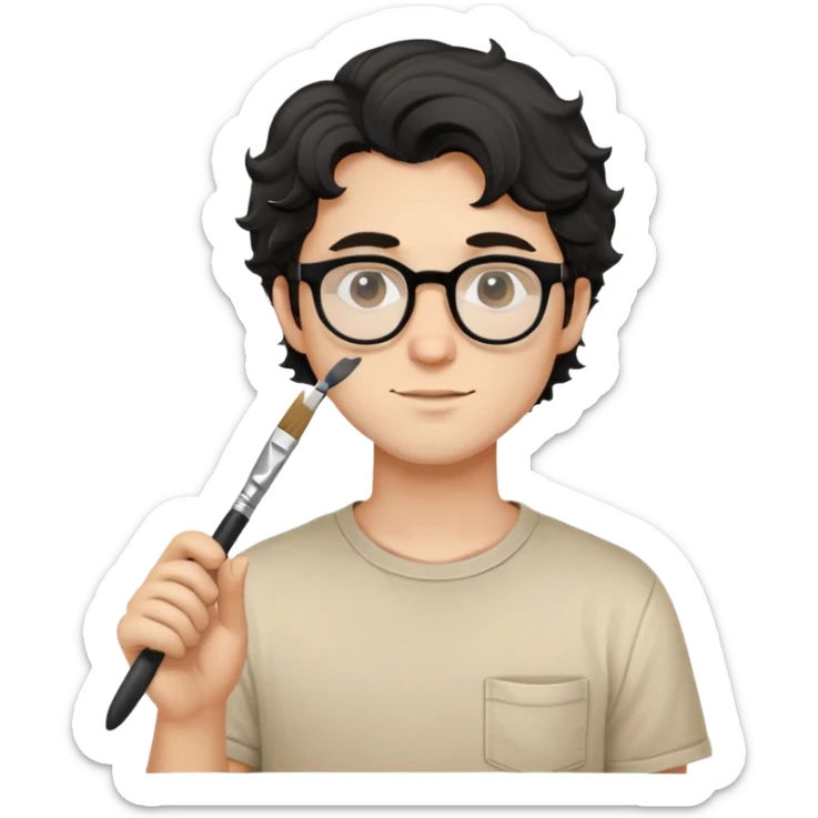 Young caucasian man with black wavy hair, round glasses, beige painting shirt, holding a square paintbrush sticker