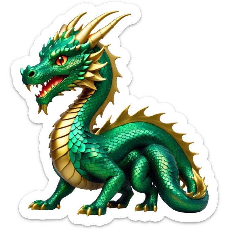 Cinematic Noble Dragon Portrait Emoji, Poised and majestic, with a sinuous, elongated body covered in intricately detailed, shimmering scales in hues of emerald and gold, and piercing, fiery eyes that reflect ancient wisdom; rendered with lifelike texture and natural highlights, high shine, intelligent and formidable, styled with an aura of mythic power, focused and attentive, soft glowing outline, capturing the essence of a legendary dragon that appears ready to soar out of the screen with timeless authority! sticker