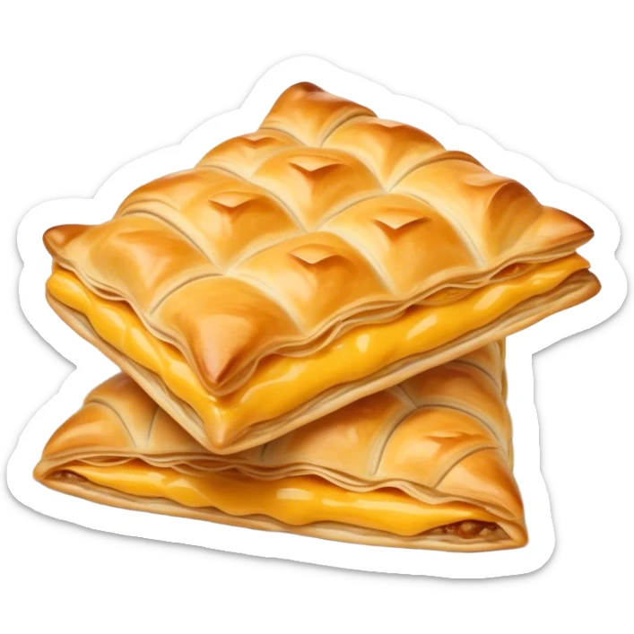 Cinematic Realistic Burek sa Sirom Dish Emoji, showcasing a flaky pastry filled with cheese rendered with crisp textures and appetizing, warm lighting. sticker